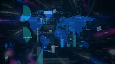 Map fading triggers pie stacking, line graph rising and bar charts growing 库存影片 310318916