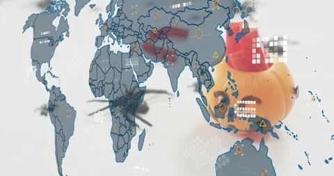 Map fading in triggers spider crawling on map, markers clustering showing risk Stock Footage 317835347