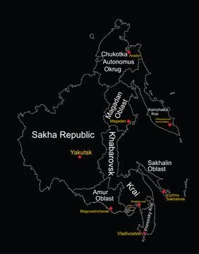 Map of Far Eastern Federal District Russia vector line silhouette Иллюстрация