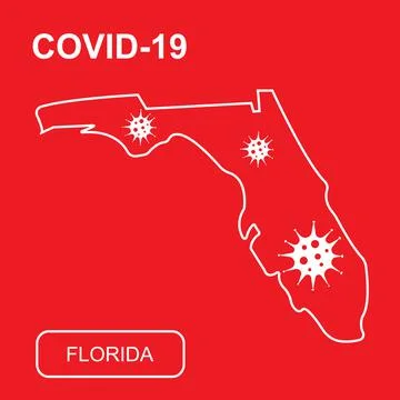 Map of Florida State labeled COVID-19. White outline map on a red background. Stock Illustration