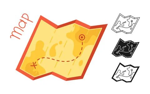 Map folded cartoon icon doodle set search treasure destination route symbol Stock Illustration