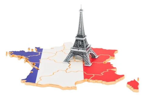 Map of France with Eiffel Tower, 3D rendering Stock Illustration