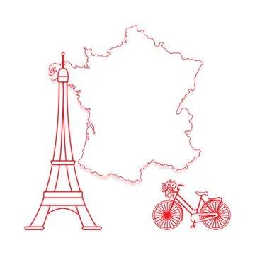 Map of France, tower, bicycle. Stock Illustration