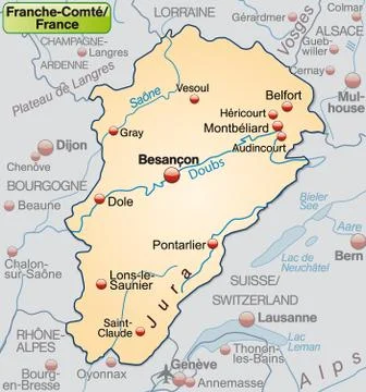 Map of franche-comte as an overview map in pastel orange Ilustración de archivo