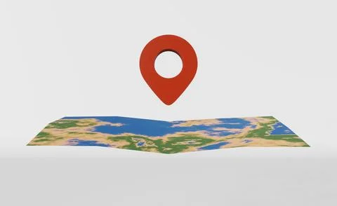 Map with geolocation pin point 3d rendering banner. Red location marker. Trav Stock Illustration