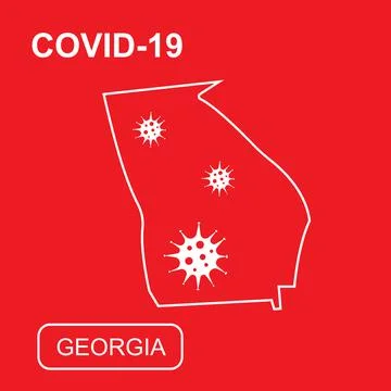 Map of Georgia State labeled COVID-19. White outline map on a red background. Stock Illustration