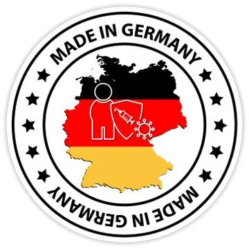 Map of Germany in the button with man, syringe, shield, virus - Made in Germany Stock Illustration