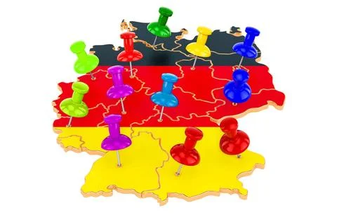 Map of Germany with colored push pins, 3D rendering Map of Germany with co... Foto stock
