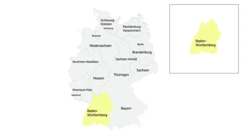 Map of Germany highlighting the state of Baden Wuerttemberg in yellow with a Stock Illustration