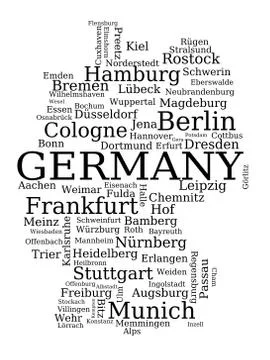 Map of Germany - outline made of city names. German concept. Illustrazione stock