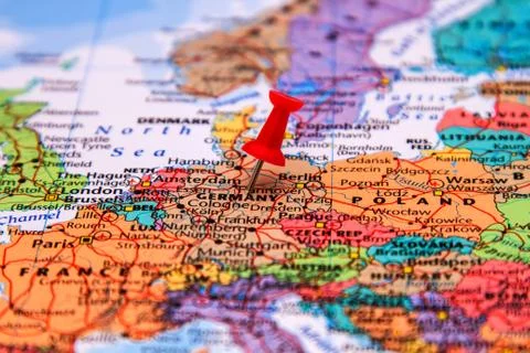 Map of Germany with a red pushpin stuck Stock Photos