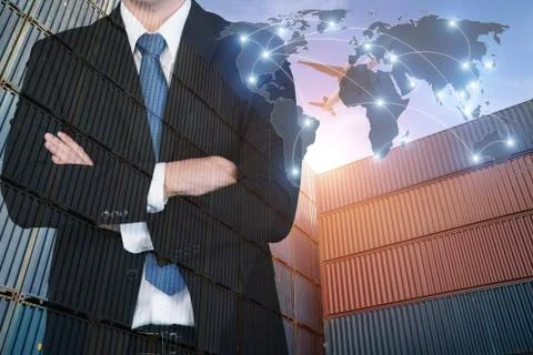 Map global logistics partnership connection of Container Cargo freight ship f Stock Photos