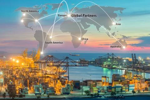 Map global logistics partnership connection of Container Cargo freight ship f Stock Photos
