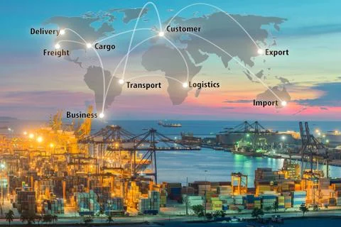 Map global logistics partnership connection of Container Cargo freight ship f Stock Photos