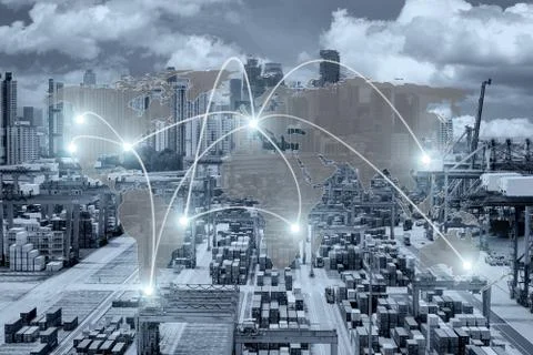 Map global logistics partnership connection of Container Cargo freight ship f Stockfoto's