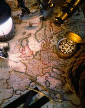 Map of globe with nautical navigation devices Stock Photos