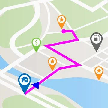 Map, gps and road of route, direction and navigation of city, street and 스톡 일러스트