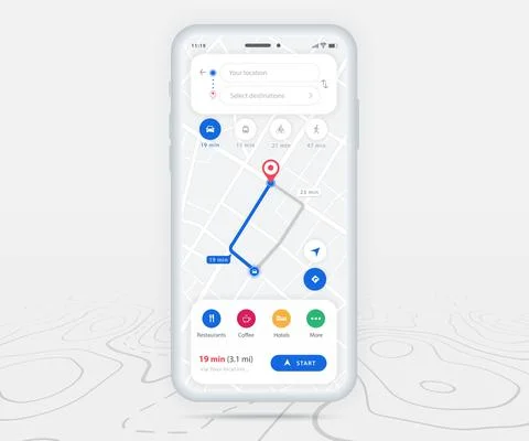 Map GPS navigation app ux ui concept, Mobile map application, Smartphone street Stock Illustration