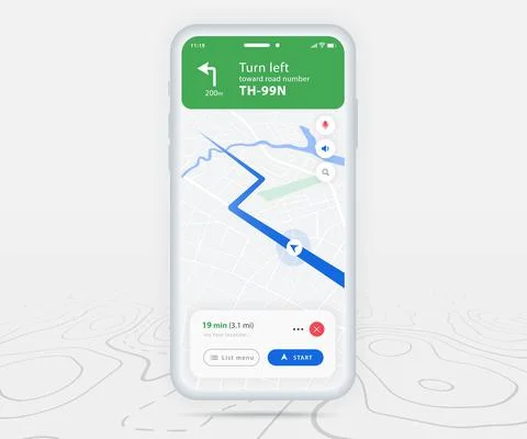 Map GPS navigation app ux ui concept, Mobile map application, Smartphone street Stock Illustration
