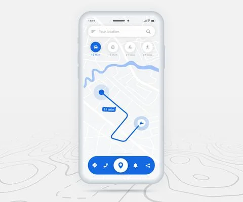 Map GPS navigation app ux ui concept, Mobile map application, Smartphone street Stock Illustration