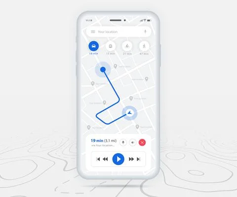 Map GPS navigation app ux ui concept, Mobile map application, Smartphone street Stock Illustration