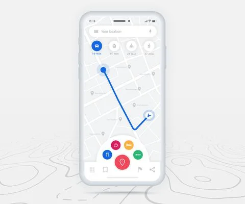 Map GPS navigation app ux ui concept, Mobile map application, Smartphone street Illustrazione stock