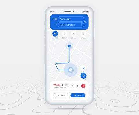 Map GPS navigation app ux ui concept, Mobile map application, Smartphone street Stock Illustration