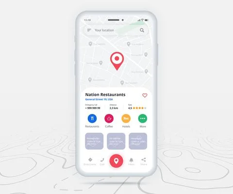 Map GPS navigation app ux ui concept, Mobile map application, Smartphone street Stock Illustration