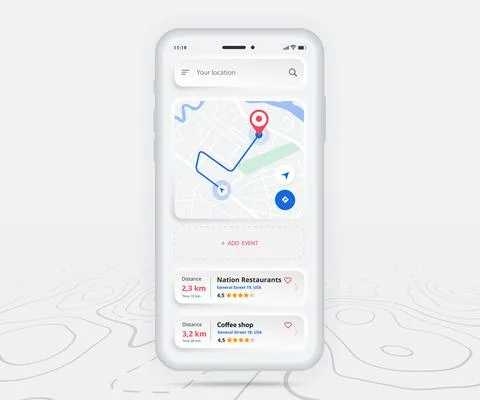 Map GPS navigation app ux ui concept, Mobile map application, Smartphone street Stock Illustration