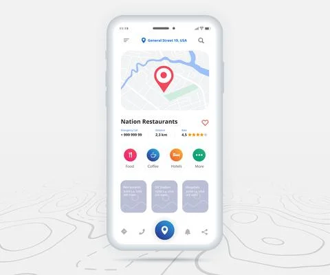 Map GPS navigation app ux ui concept, Mobile map application, Smartphone street Illustrazione stock