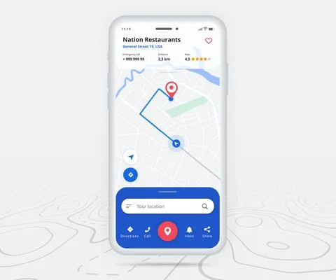 Map GPS navigation app ux ui concept, Mobile map application, Smartphone street Stock Illustration