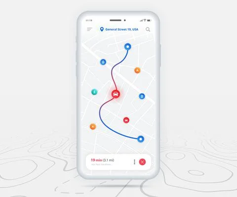 Map GPS navigation app ux ui concept, Mobile map application, Smartphone street Illustrazione stock