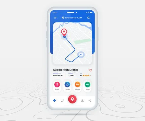Map GPS navigation app ux ui concept, Mobile map application, Smartphone street Stock Illustration