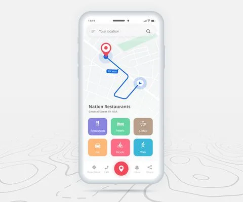 Map GPS navigation app ux ui concept, Mobile map application, Smartphone street Illustrazione stock