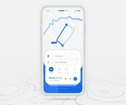 Map GPS navigation app ux ui concept, Mobile map application, Smartphone street Stock Illustration