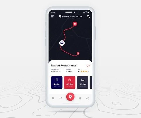 Map GPS navigation app ux ui concept, Mobile map application, Smartphone street Stock Illustration