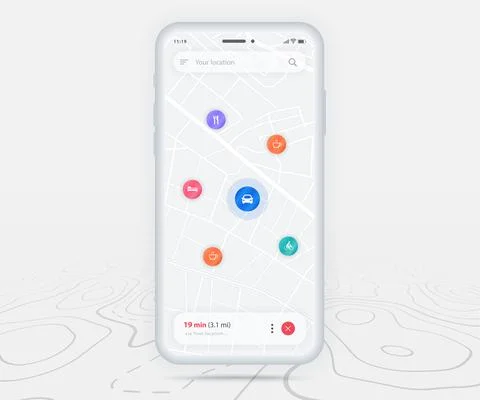 Map GPS navigation app ux ui concept, Mobile map application, Smartphone street Illustrazione stock