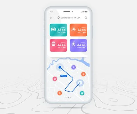 Map GPS navigation app ux ui concept, Mobile map application, Smartphone street Stock Illustration