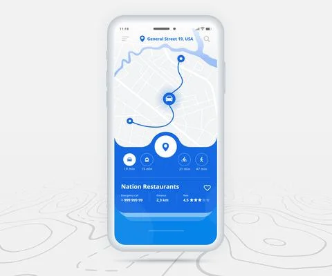 Map GPS navigation app ux ui concept, Mobile map application, Smartphone street Illustrazione stock