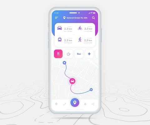 Map GPS navigation app ux ui concept, Mobile map application, Smartphone street Stock Illustration