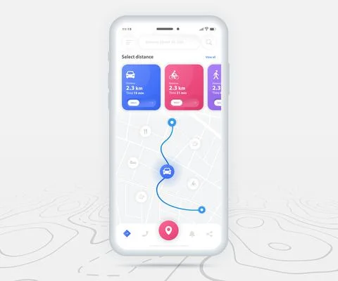 Map GPS navigation app ux ui concept, Mobile map application, Smartphone street Stock Illustration