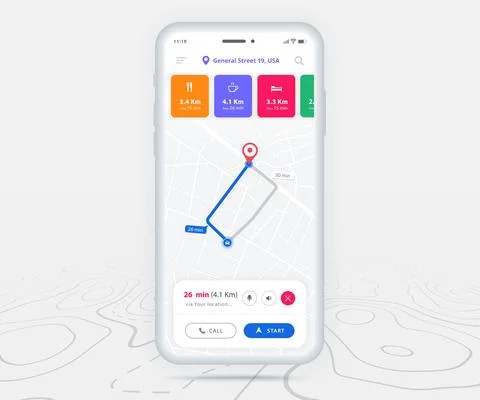 Map GPS navigation app ux ui concept, Mobile map application, Smartphone street 스톡 일러스트