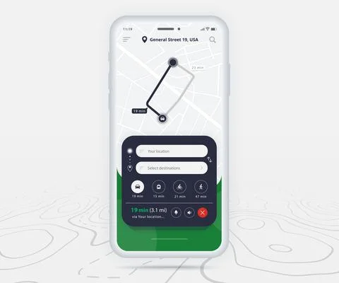 Map GPS navigation app ux ui concept, Mobile map application, Smartphone street Stock Illustration