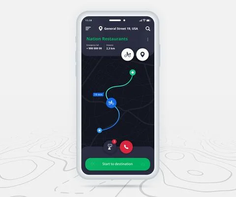 Map GPS navigation app ux ui dark mode Mobile map application, Smartphone street Illustrazione stock