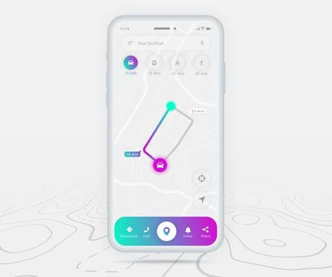 Map GPS navigation app ux ui concept, Mobile map application, Smartphone street Illustrazione stock
