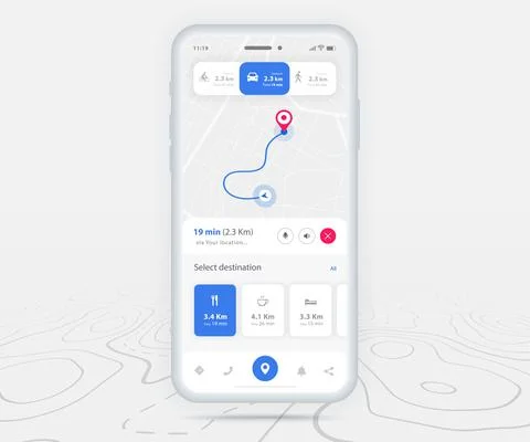 Map GPS navigation app ux ui concept, Mobile map application, Smartphone street Stock Illustration