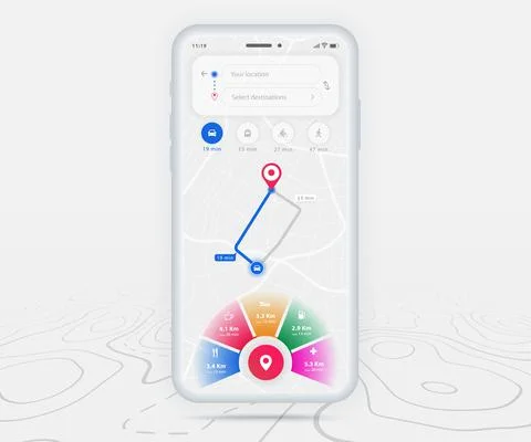 Map GPS navigation app ux ui concept, Mobile map application, Smartphone street Stock Illustration