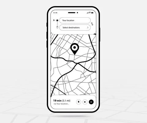 Map GPS navigation app ux ui concept, Mobile map application, Smartphone street Illustrazione stock
