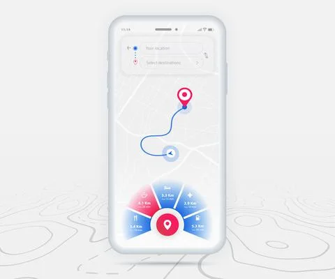 Map GPS navigation app ux ui concept, Mobile map application, Smartphone street Stock Illustration
