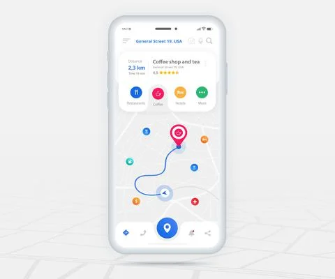 Map GPS navigation app ux ui concept, Mobile map application, Smartphone street Illustrazione stock